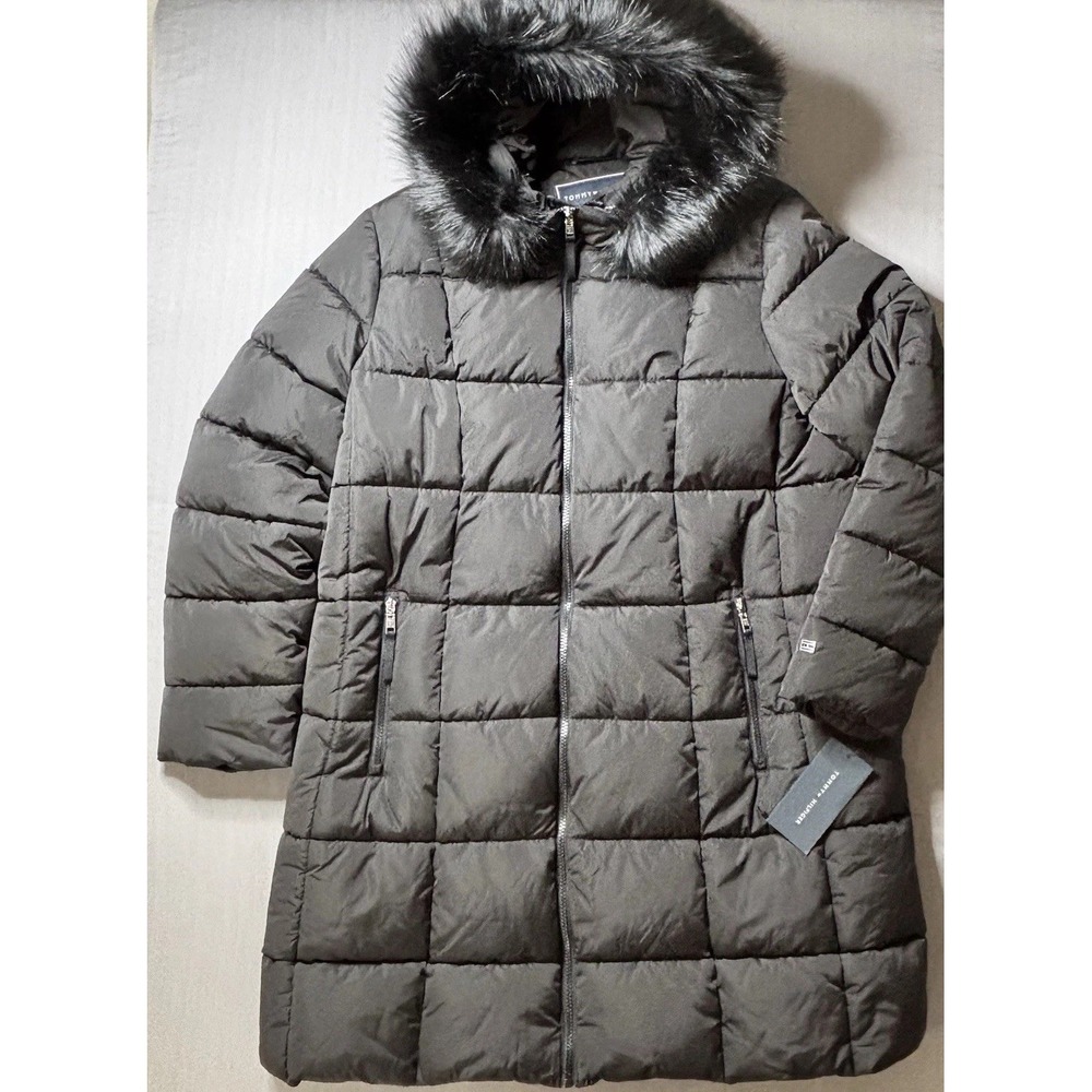 Tommy Hilfiger Women's Black Heavy Weight Puffer Jacket Hooded Faux Fur Size XL - Picture 2 of 13
